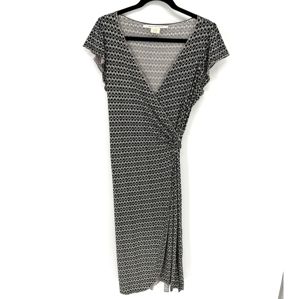 Max Studio Wrap Dress Vintage Geometric M Black White Flutter Sleeve Y2K Retro